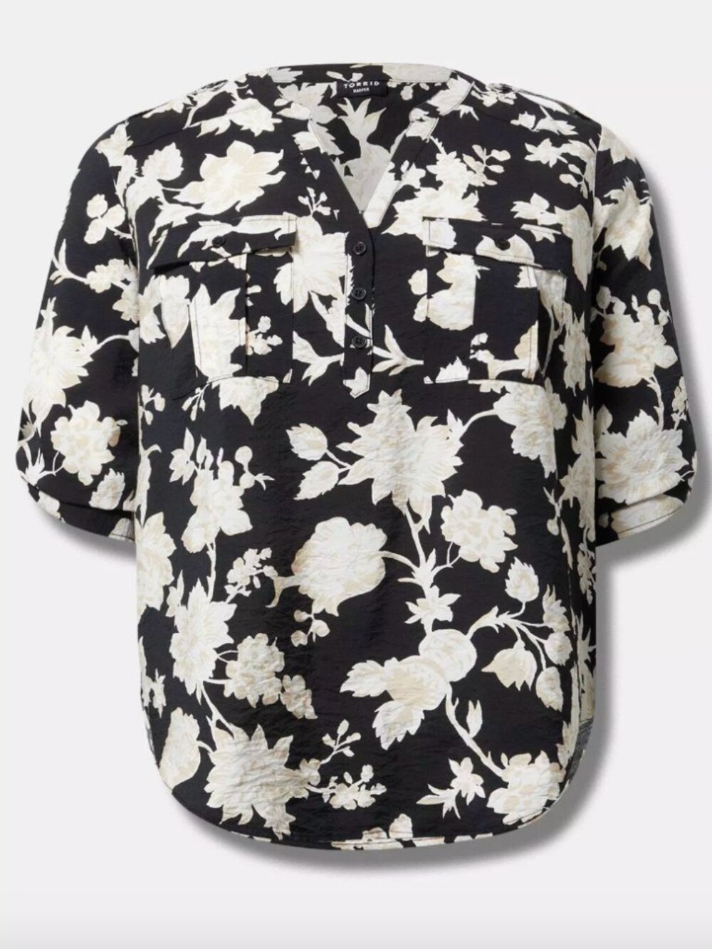 Torrid Harper Blouse 2X Black Cream Floral Stamp Jaco Roll Tab Sleeve Popover